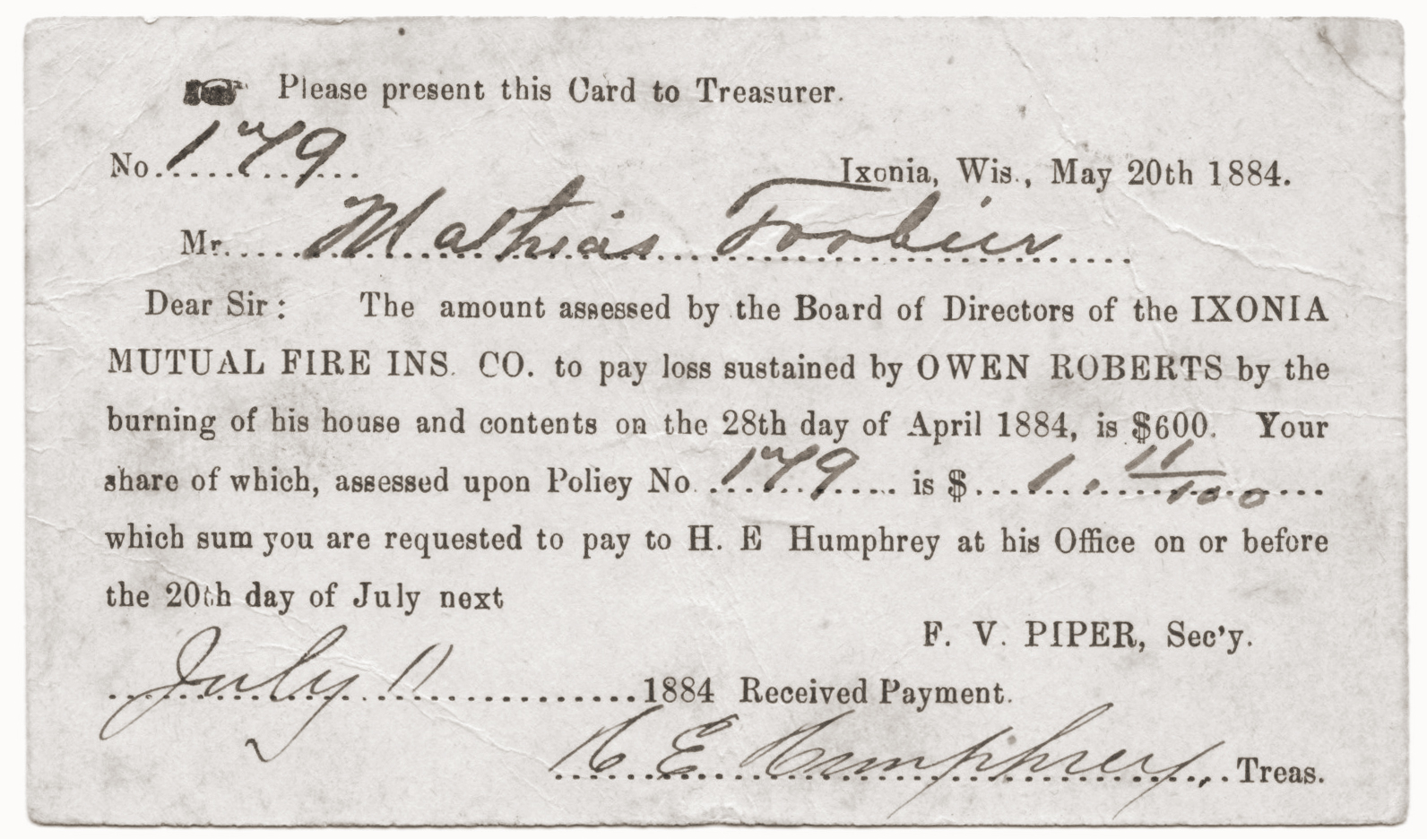 Assessment form for Ixonia Mutual Insurance Company, circa 1884