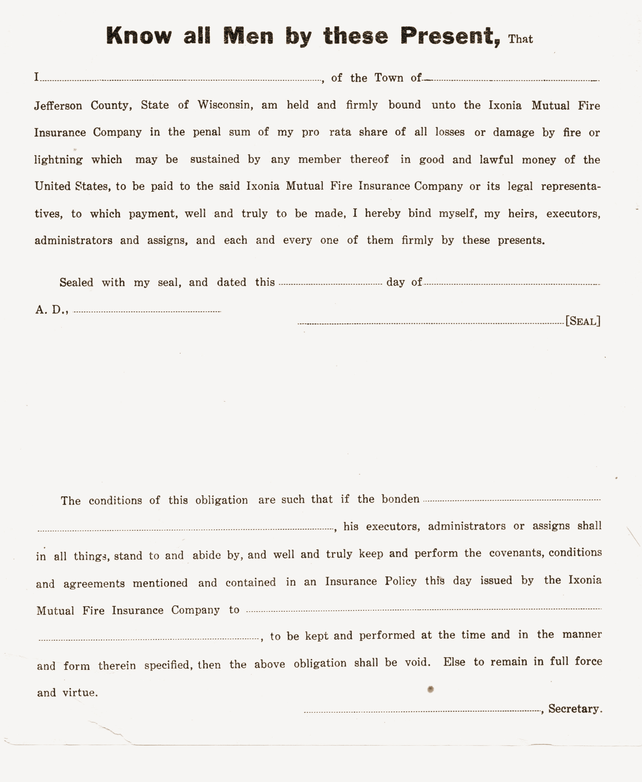 Undertaking form for Ixonia Mutual Insurance Company, circa 1880