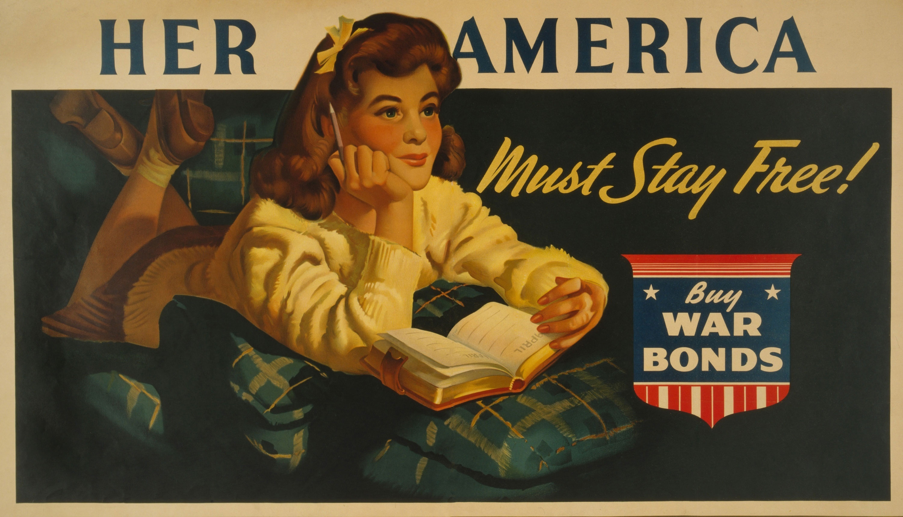 Shutterstock illustration ID: 249573553 American WW2 poster. 'Her America must stay free! Buy war bonds,' reads a poster showing a daydreaming teenage girl about to write in her diary. Ca. 1943. Used with permission.