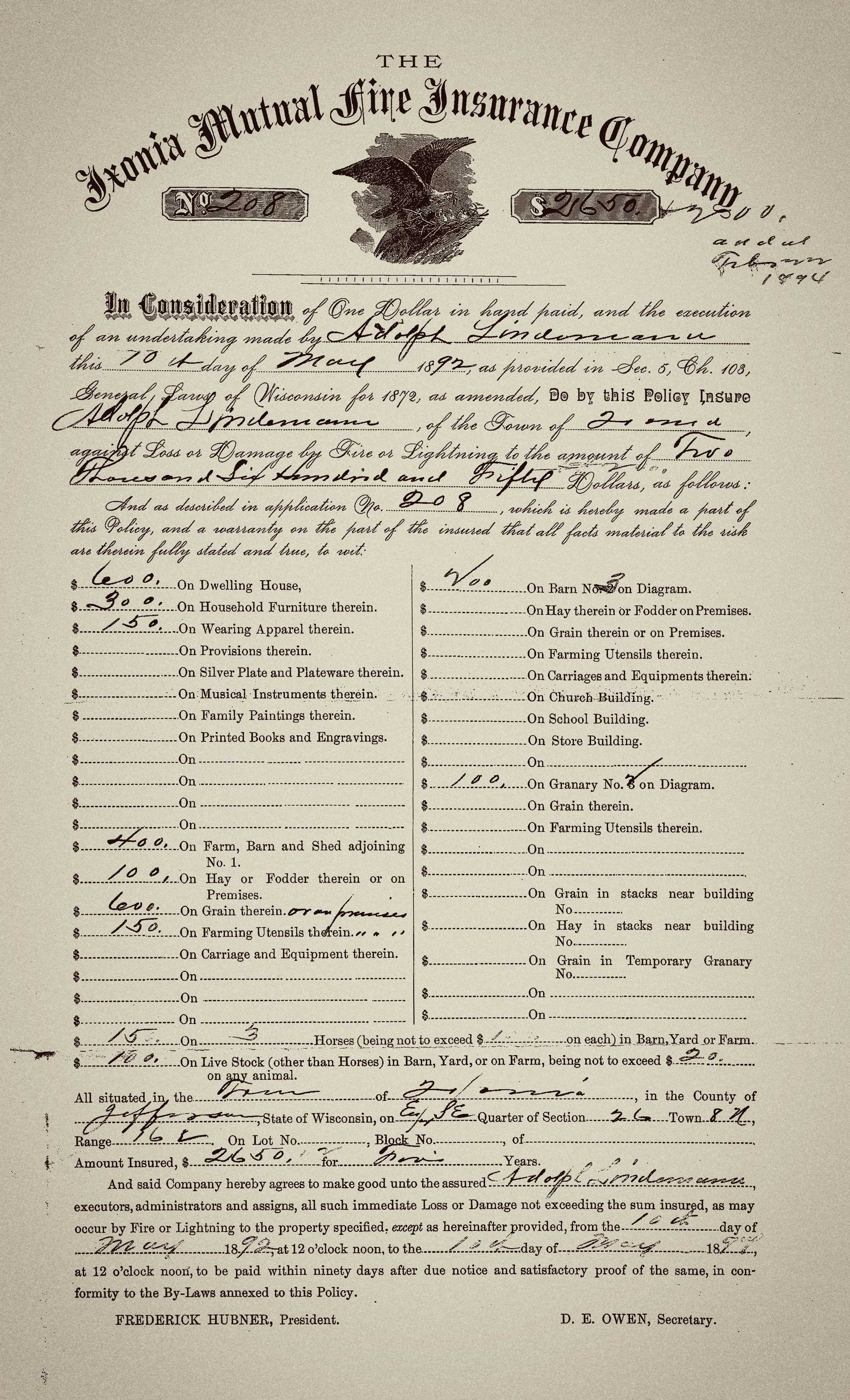 Ixonia Mutual Fire Insurance Company policy from 1892